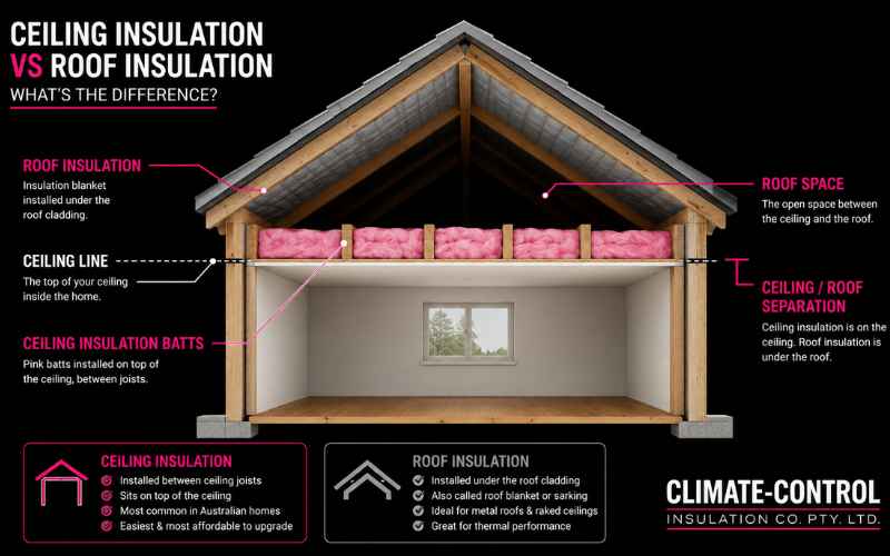 Diagram showing the difference between ceiling insulation and roof insulation in a home cross-section