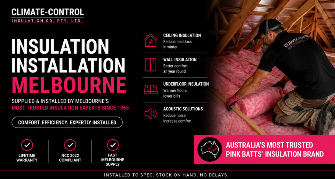 Installer fitting ceiling batts during an insulation installation Melbourne homeowners booked with Climate Control Insulation.