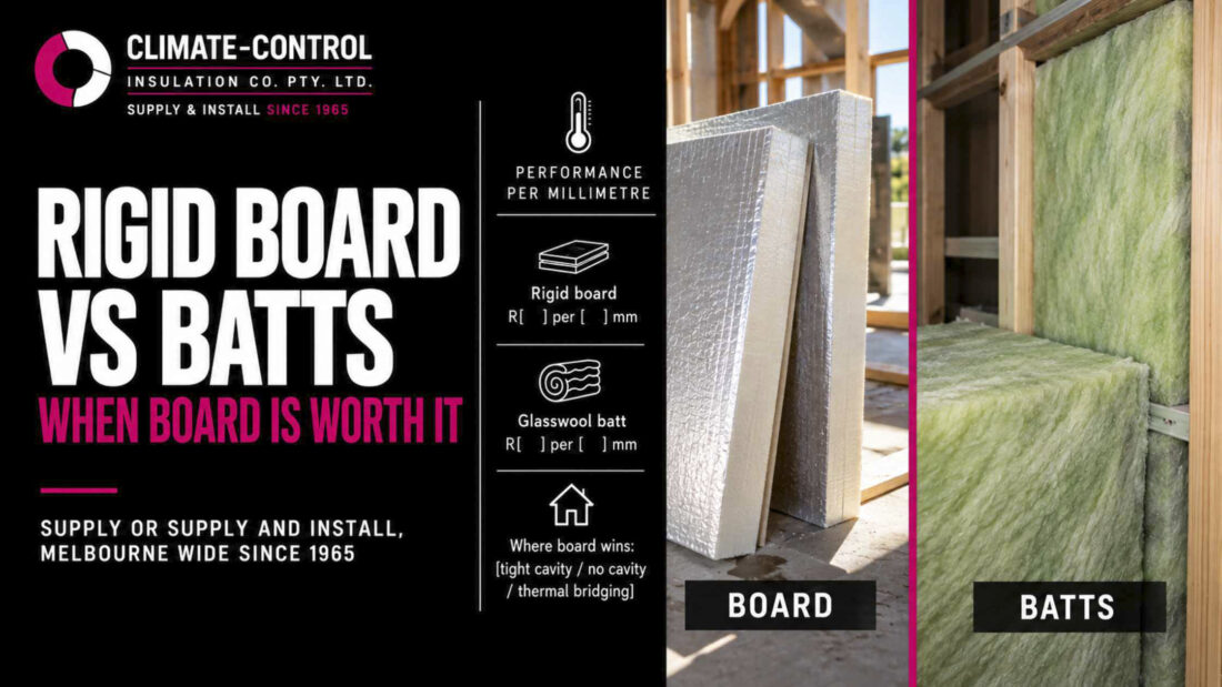 Rigid board vs batts banner showing foil faced insulation board beside glasswool batts fitted in a timber wall frame