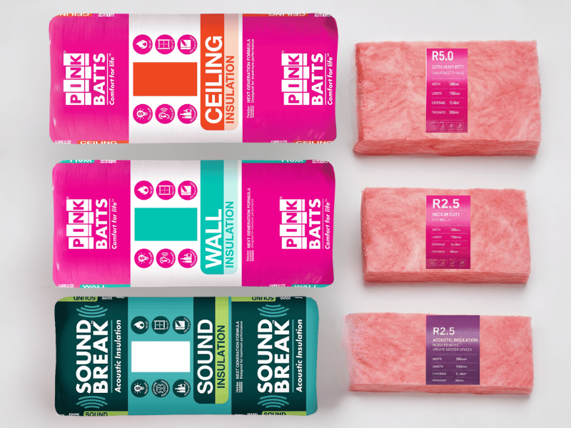 Fletcher Pink Batts product range — ceiling, wall and SoundBreak acoustic insulation batts